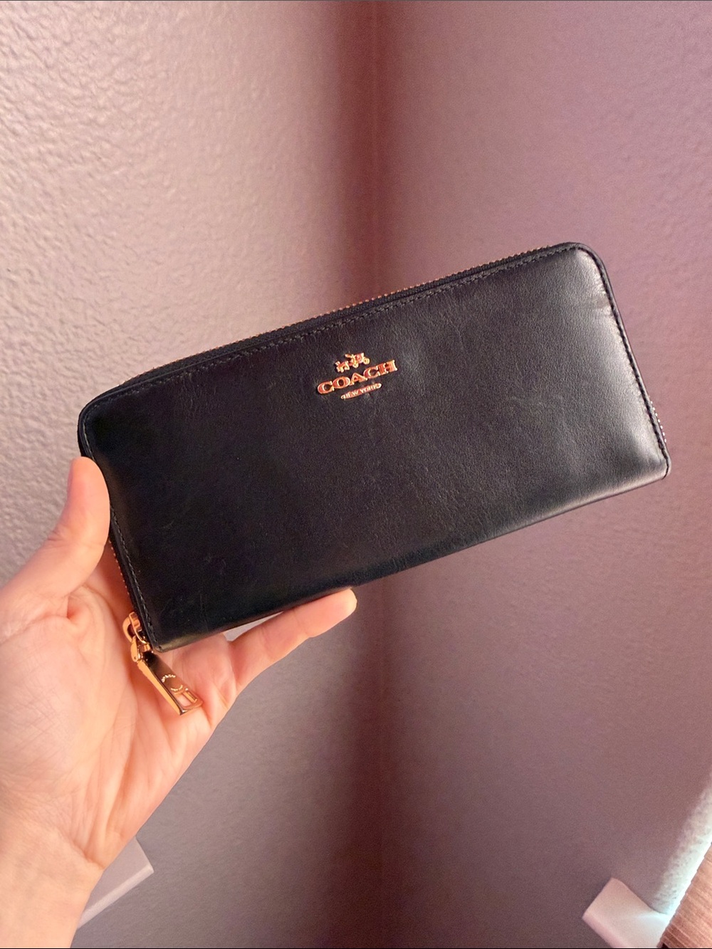 Coach Black Leather Zip-Around Wallet with Gold Hardware